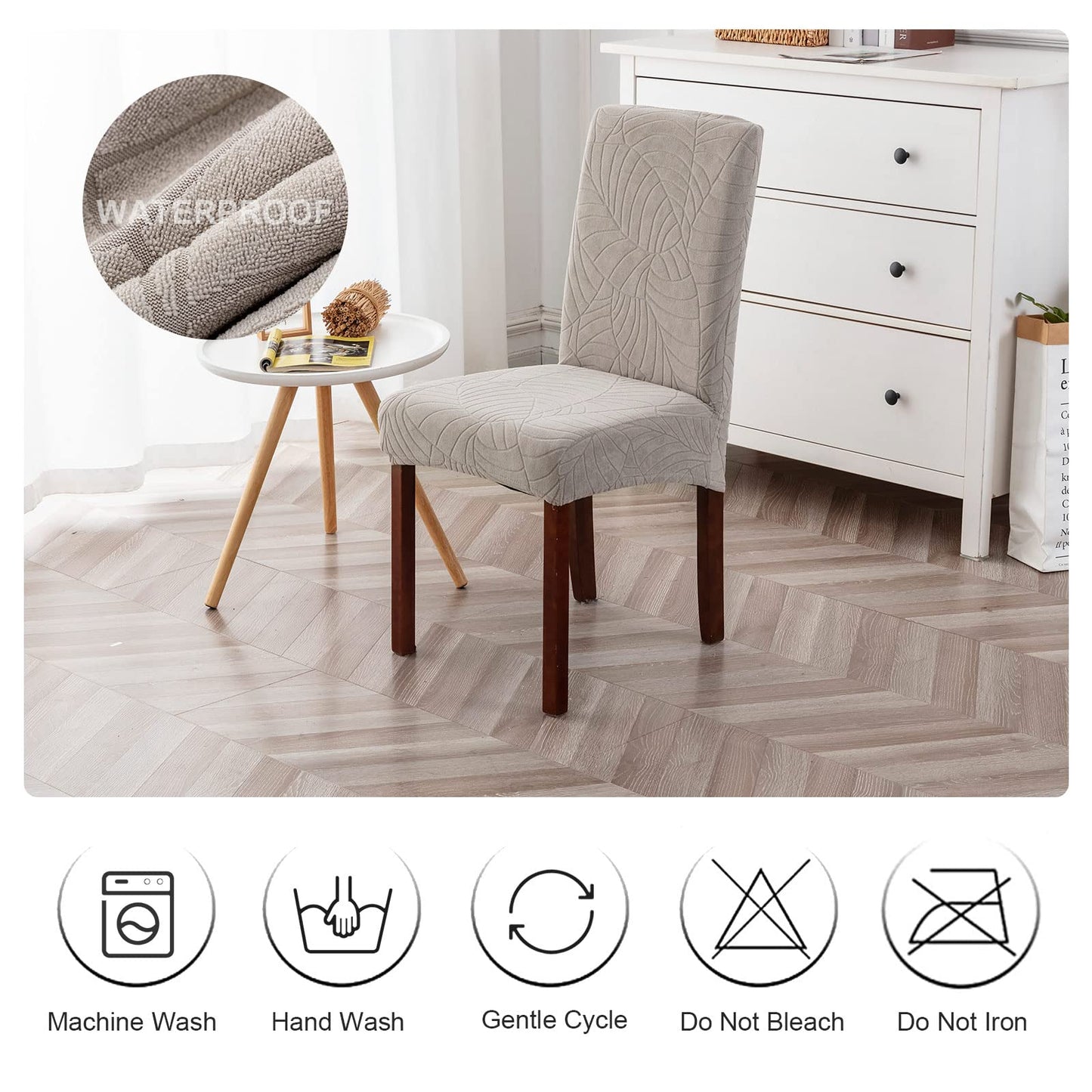 Genina 100% Waterproof Chair Covers for Dining Room Set of 4, Stretch Parson Chair Slipcovers for Kitchen Chairs, Washable Chair Protectors, Leaves-Warm Gray