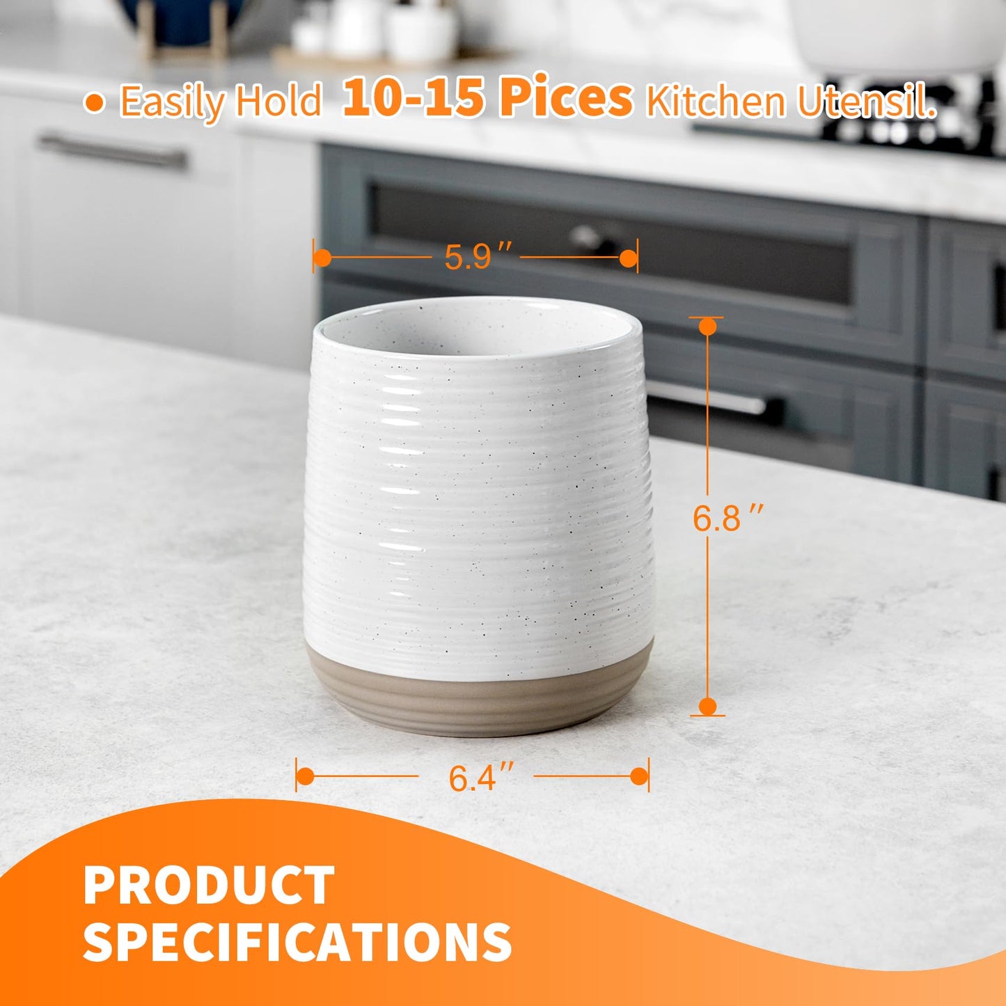 Officepal 6.8" Large Ceramic Kitchen Utensil Holder - Utensil Holder for Kitchen Counter, Modern Farmhouse Style Holder for Spoons, Spatulas & Cooking Tools (White)