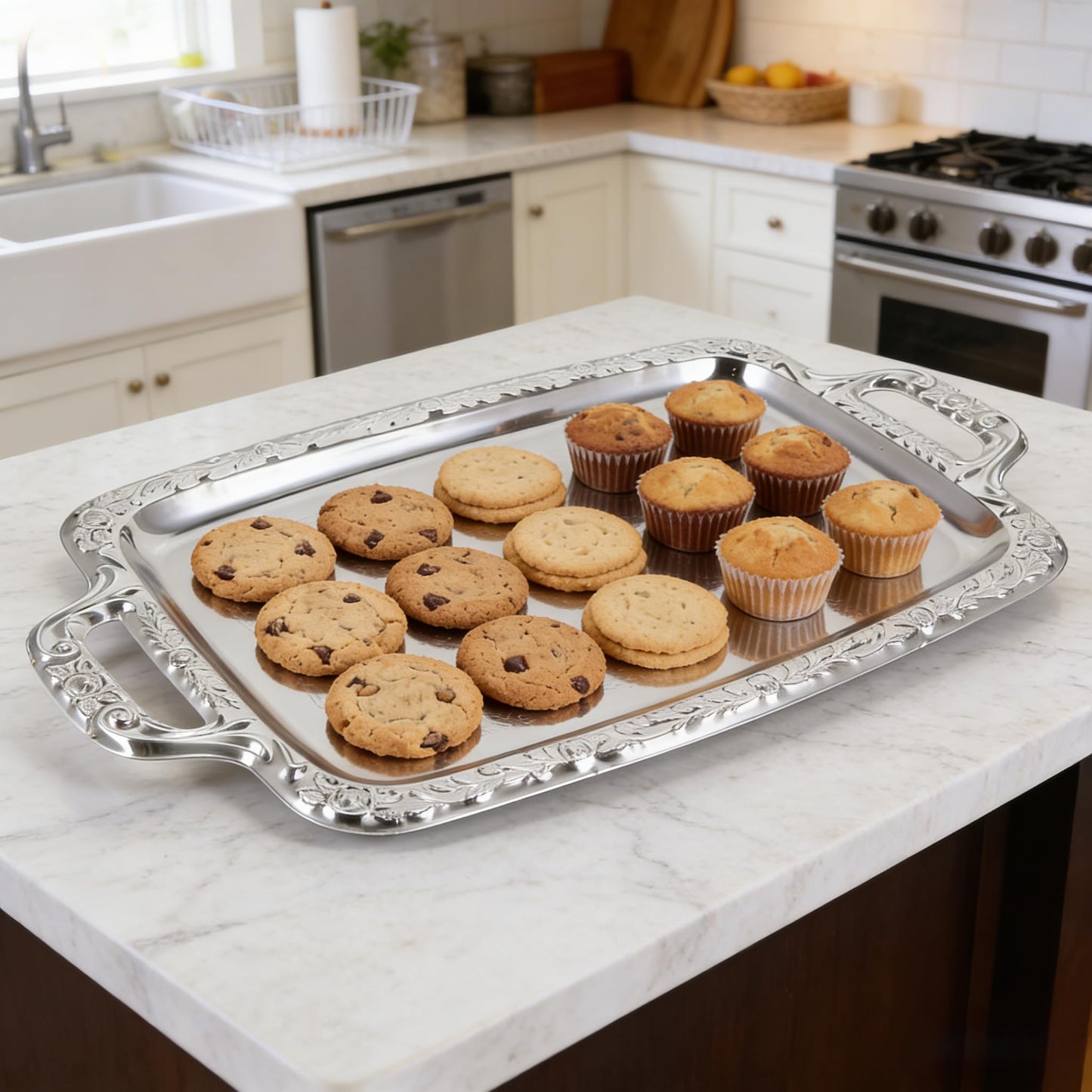 Rectangular Silver Serving Tray, Vintage Metal Tray for Whiskey Decanter Candlesticks Vanity Perfume and Snack Bread Breakfast Fruit Serving Dish