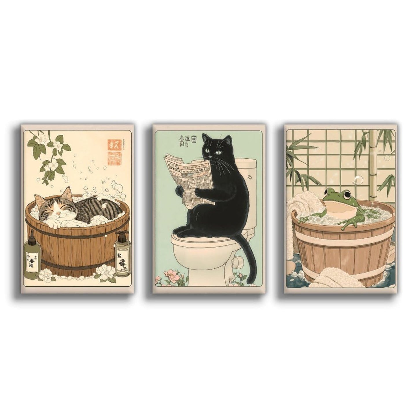 KERAXL Anime Cats Bathroom Poster Art Print, Funny Animal Bathroom Japanese Culture Wall Art Decor Cute Toilet Unframe 08×12inch(20×30cm) Set Of 3