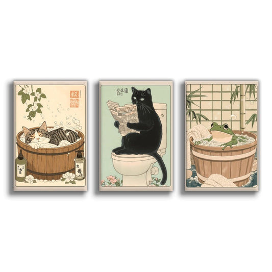 KERAXL Anime Cats Bathroom Poster Art Print, Funny Animal Bathroom Japanese Culture Wall Art Decor Cute Toilet Unframe 08×12inch(20×30cm) Set Of 3
