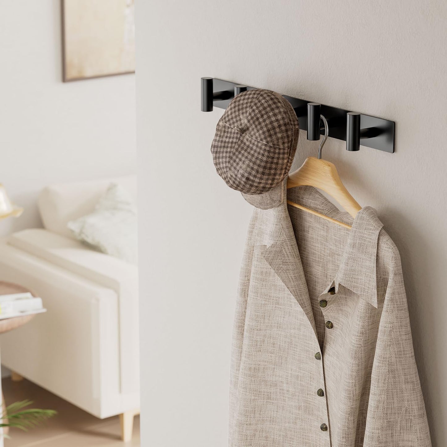 GWAAZXGZ Black Wall Mounted Coat Rack – 5 T-Shaped Pegs for Hats, Bags & Towels, Heavy-Duty Metal Rail for Entryway, Bathroom, Closet, Bedroom (1 Pack)