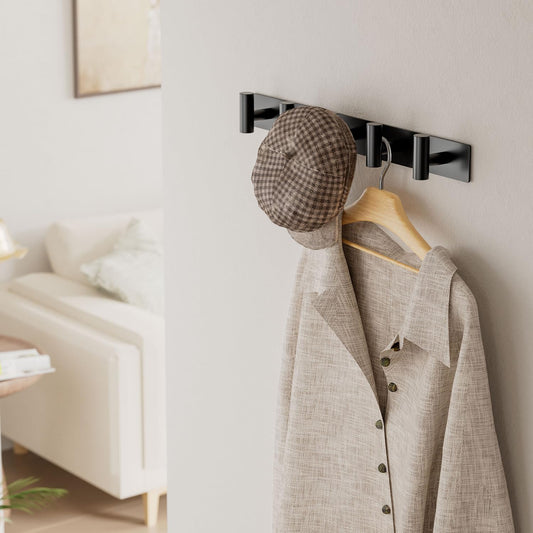 GWAAZXGZ Black Wall Mounted Coat Rack – 5 T-Shaped Pegs for Hats, Bags & Towels, Heavy-Duty Metal Rail for Entryway, Bathroom, Closet, Bedroom (1 Pack)
