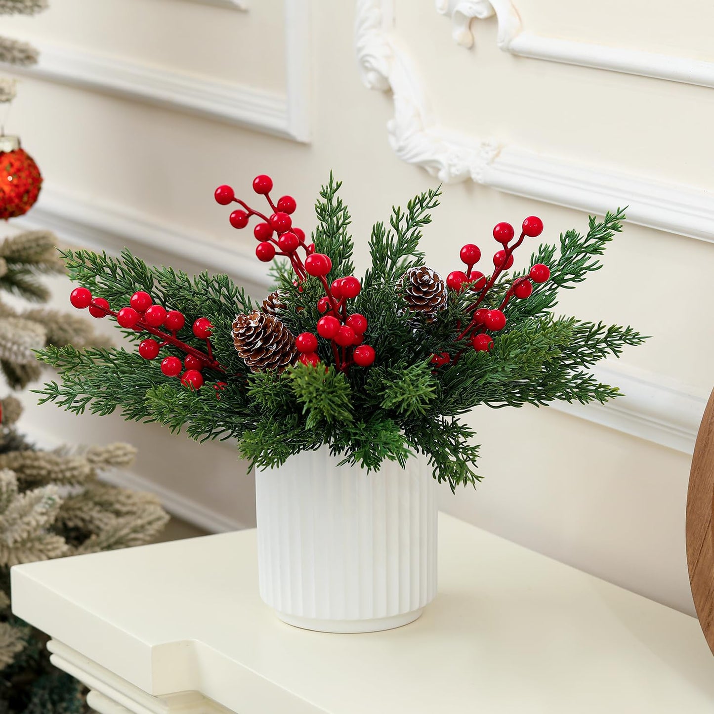 HOMCDALY Christmas Artificial Pine Branches with Red Berry and Pinecone for Tabletop Christmas Decorations, Fake Plants with Ceramic Pot, Small Chritstmas Tree for Home Décor, Christmas Decor Indoor