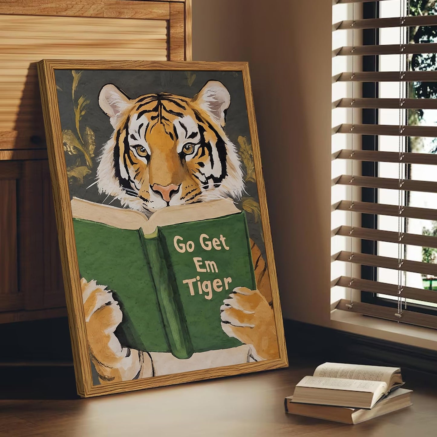 Framed Funny Tiger Wall Art, Motivational Animal Reading Wall Decor Paintings, Eclectic Go Get Em Tiger Canvas Prints Pictures Home Decor for Living Room Bedroom Dorm Office 12x16 inch