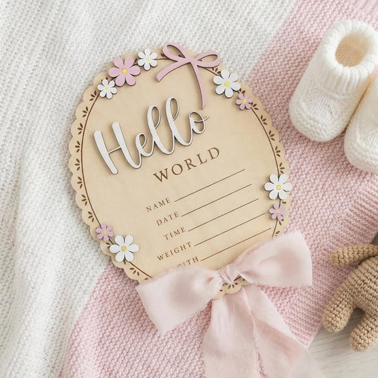 TTMerriwood Baby Announcement Sign with Stand & Marker – Hello World Wooden Name Plaque for Newborn Photoshoot, Baby Shower, Rustic Keepsake Birth Stat Sign for Hospital Birth Announcement (Light pink ribbon)