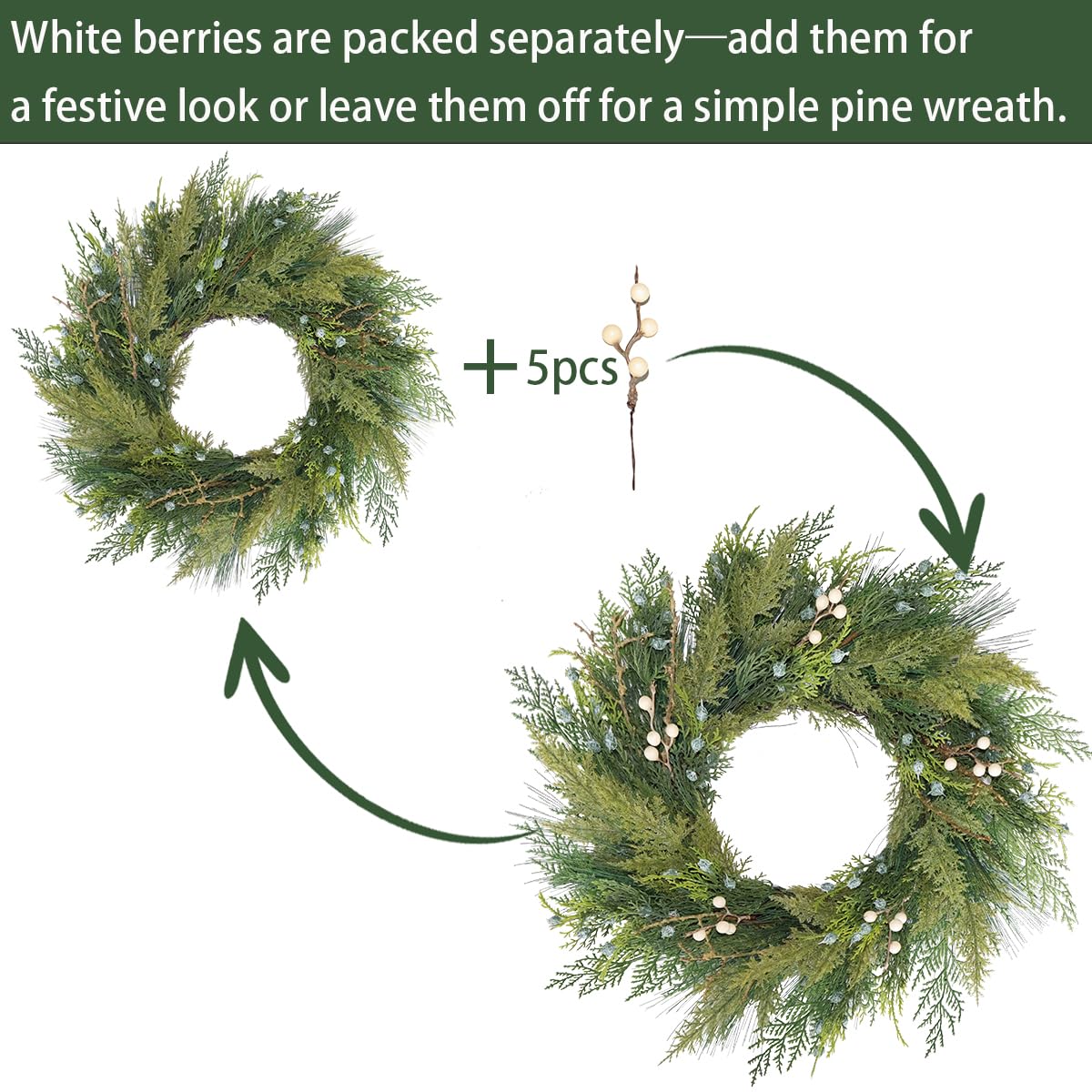 BINFEN 20” Green Faux Pine Christmas Winter Wreath with Cypress Cone, Twig & White Berry – Mixed with Real Look Fake Cedar & Spruce, Xmas Wreaths for Front Door Porch Mantel & Fireplace