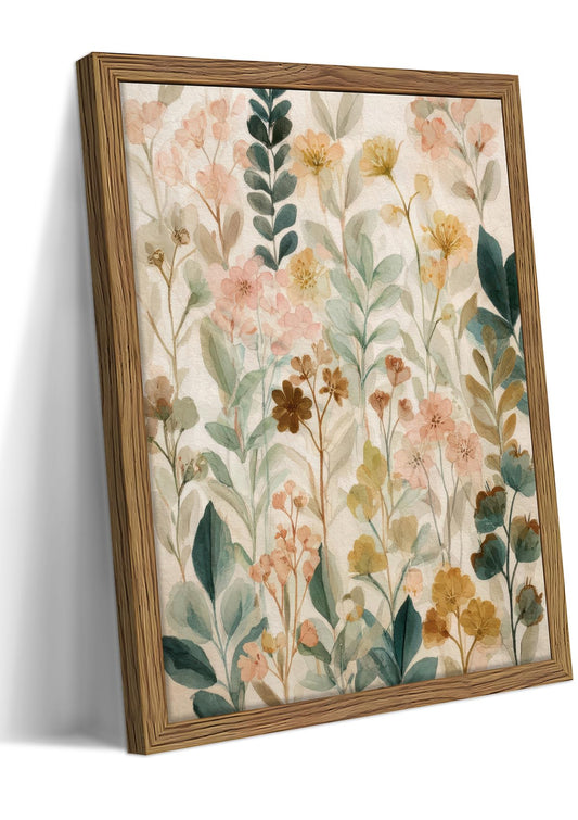 Framed Boho Floral Wall Art, Neutral Botanical Wildflower Canvas Wall Decor Painting, Vintage Flower Poster Print Picture for Living Room Bathroom Bedroom 12x16 Inch