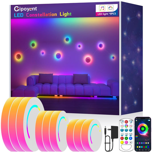 GIPOYENT Smart Wall Light, 9-Piece LED DIY Constellation Light, RGB Color Changing, Music Sync, App & Remote Control, Ambient Lighting for Bedroom, Living Room, Gaming, and Home Decor