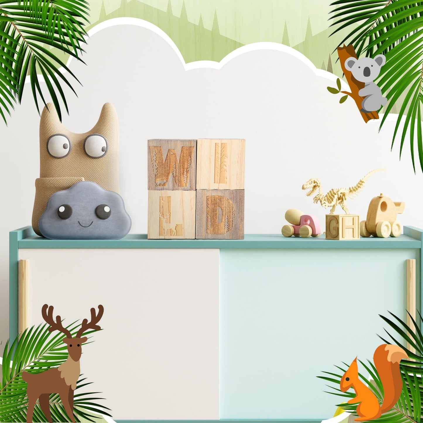 RattanView 4 Pcs 2.4 Inch Woodland Wild Nursery Wood Decor Nursery Wood Shelf Blocks for Bedroom Playroom Gifts Wild Sign Woodland Table Blocks Decor for Boys Girls
