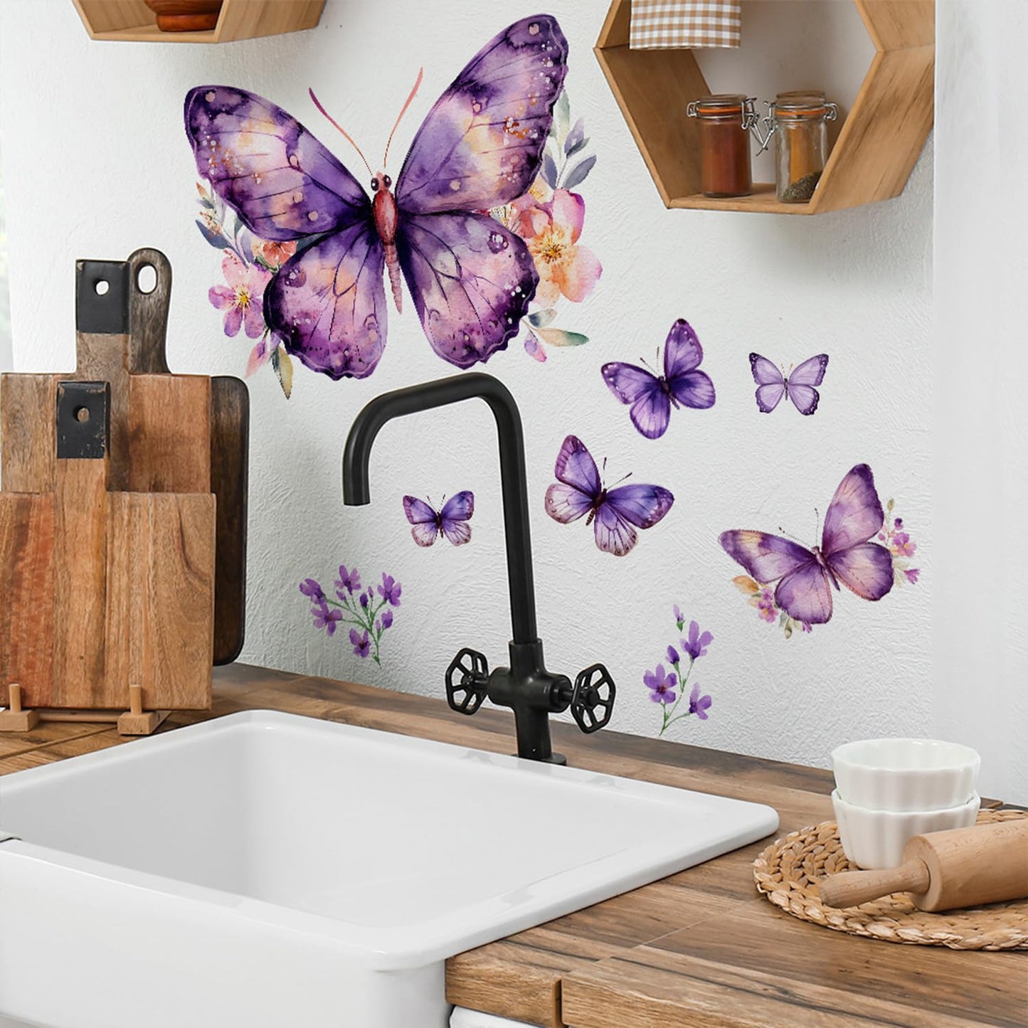 Purple Butterfly Wall Decals Removable Purple Butterflies with Flowers Wall Stickers Peel and Stick Vinyl Butterfly Art Wall Decor for Living Room Bedroom Nursery Bathroom Classroom Decorations