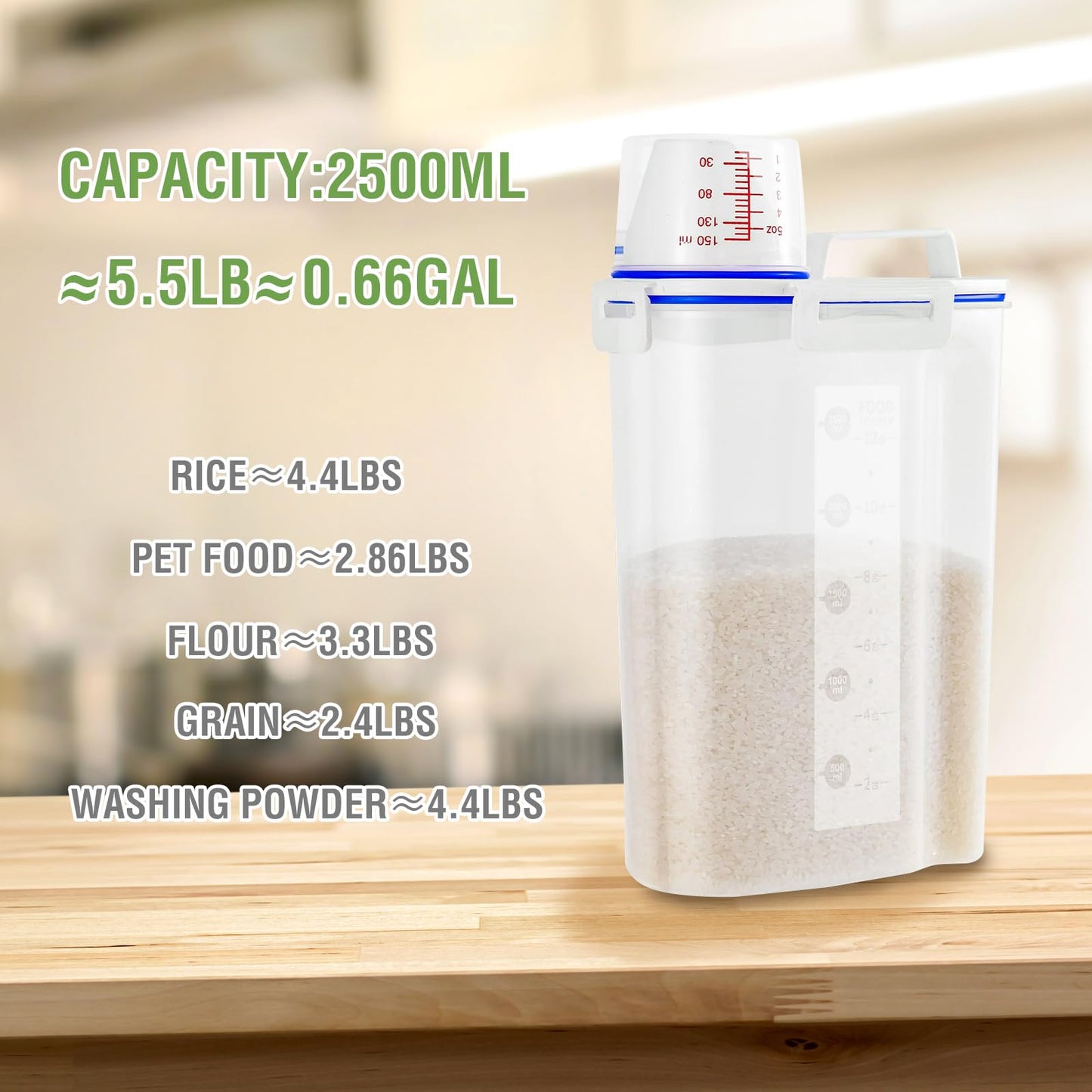 HNNJCK 4 Pcs Set Rice Storage Container 5.5lb, Rice Dispenser with Measuring Cup & Pour Spout for Flour Pasta Grain Pet Dog Cat Bird Food Storage Container