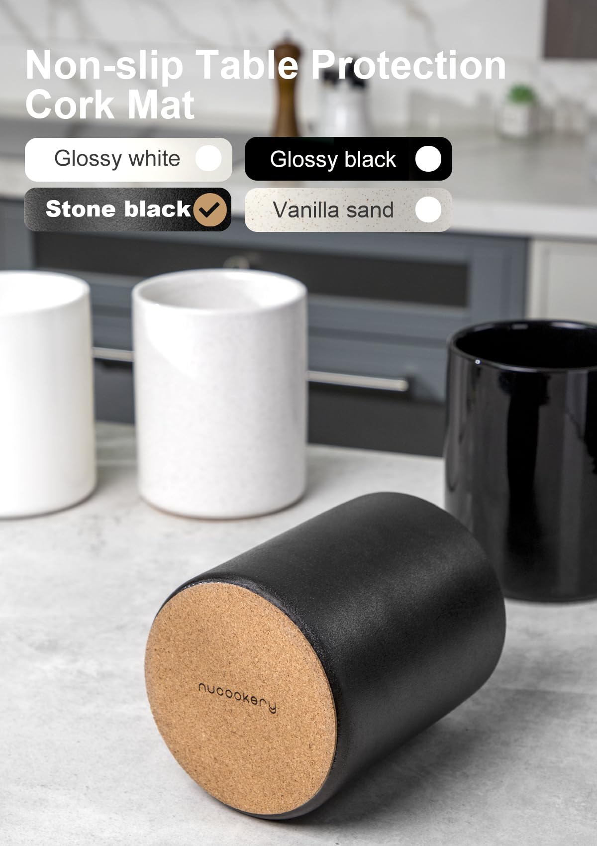 Nucookery Utensil Holder, 6.4" Ceramic Kitchen Utensil Holder with Countertop-Protection Cork Bottom, Farmhouse Kitchen Decor for Counter, Christmas Gift (Stone Black)