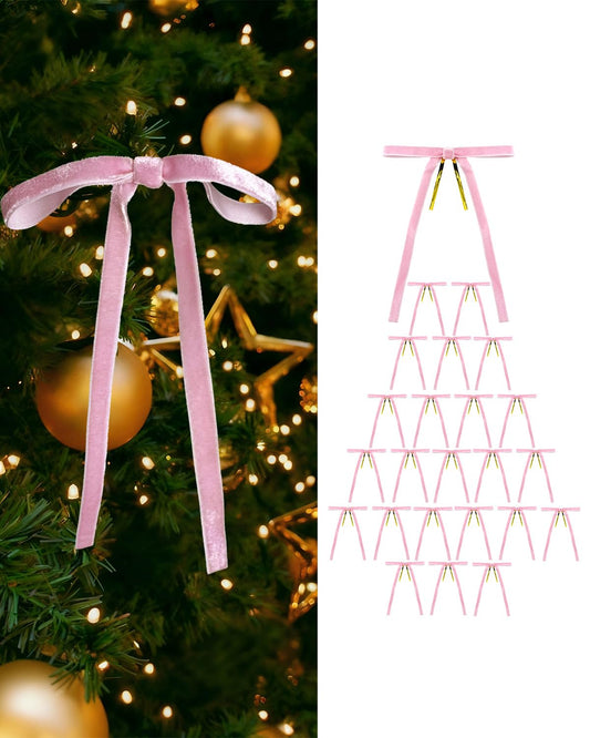Lyrransy 2025 Pink Velvet Ribbon Bows 24pcs for Christmas Tree Ornaments Decor, Vintage Velvet Ornaments Bow for Christmas Tree, Gift Wrapping, Garland, Dining Table, Present, Wreaths