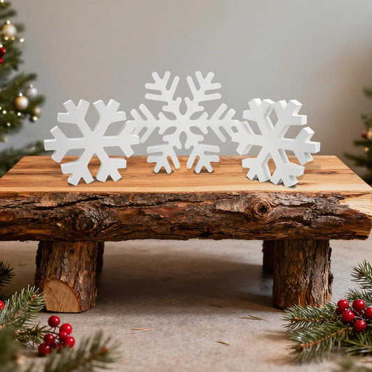 Oeyliz Winter Wooden Snowflake 3 PCS Christmas Wooden Snowflakes Decor Winter Table Decoration Wooden Snowflake Blocks Standing Table Sign Tiered Tray Decoration Xmas Indoor Home Mantle Tabletop Decor