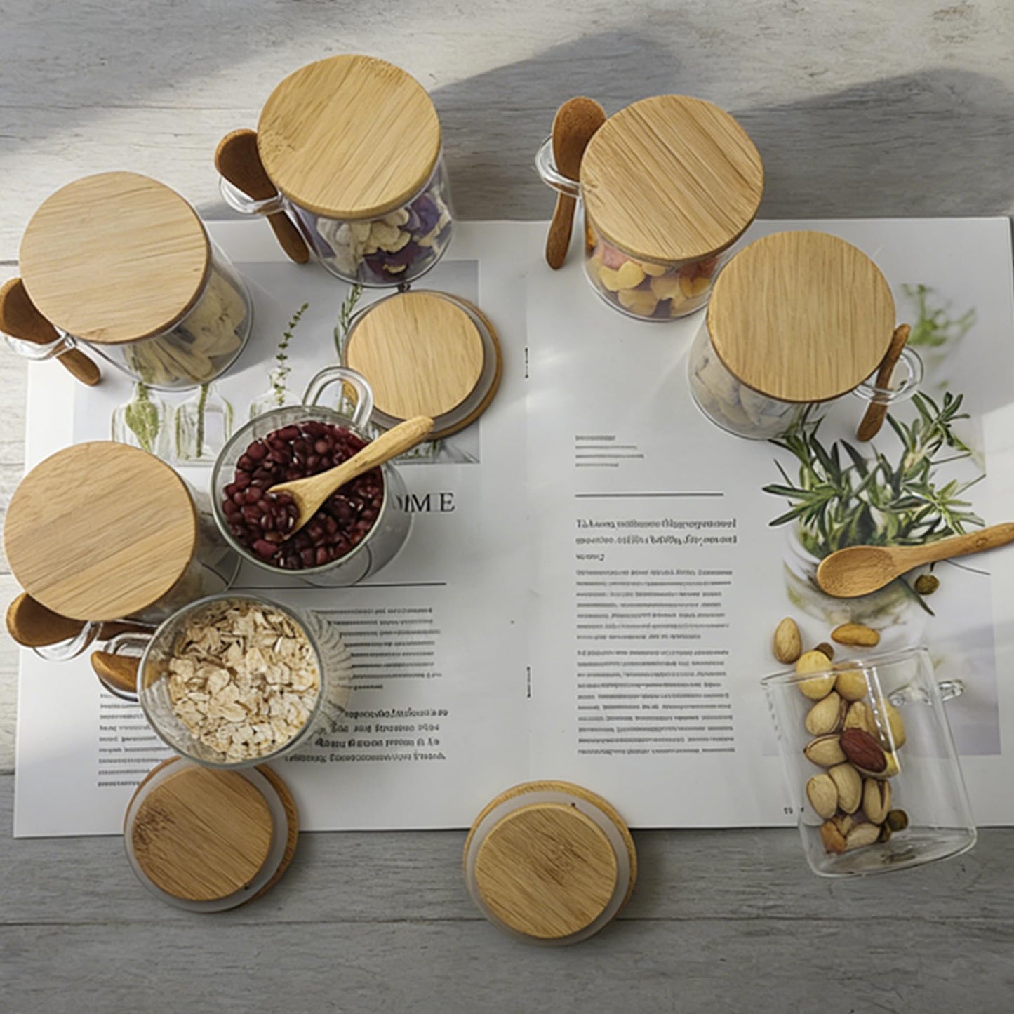 Livejun 7.6 oz Airtight Mini Glass Jars with Bamboo Lids and Bamboo Spoons, Spice Jars Small Food Storage Containers for Kitchen, Bathroom, Home Decor Set of 8
