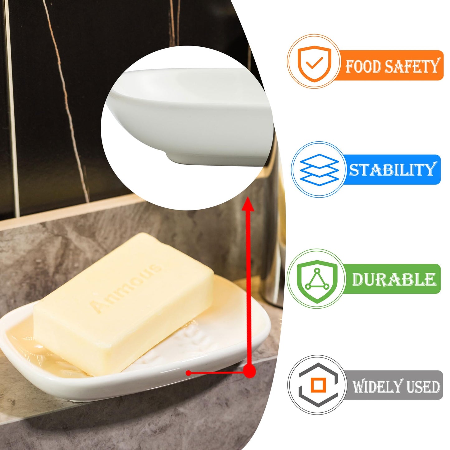 Miamolo Soap Dish Soap Holder Shower, Ceramic Soap Dishes for Bar Soap Sponge, Shower Soap Dish Soap Saver Tray for Bathroom Kitchen Sink, Easy to Clean, White