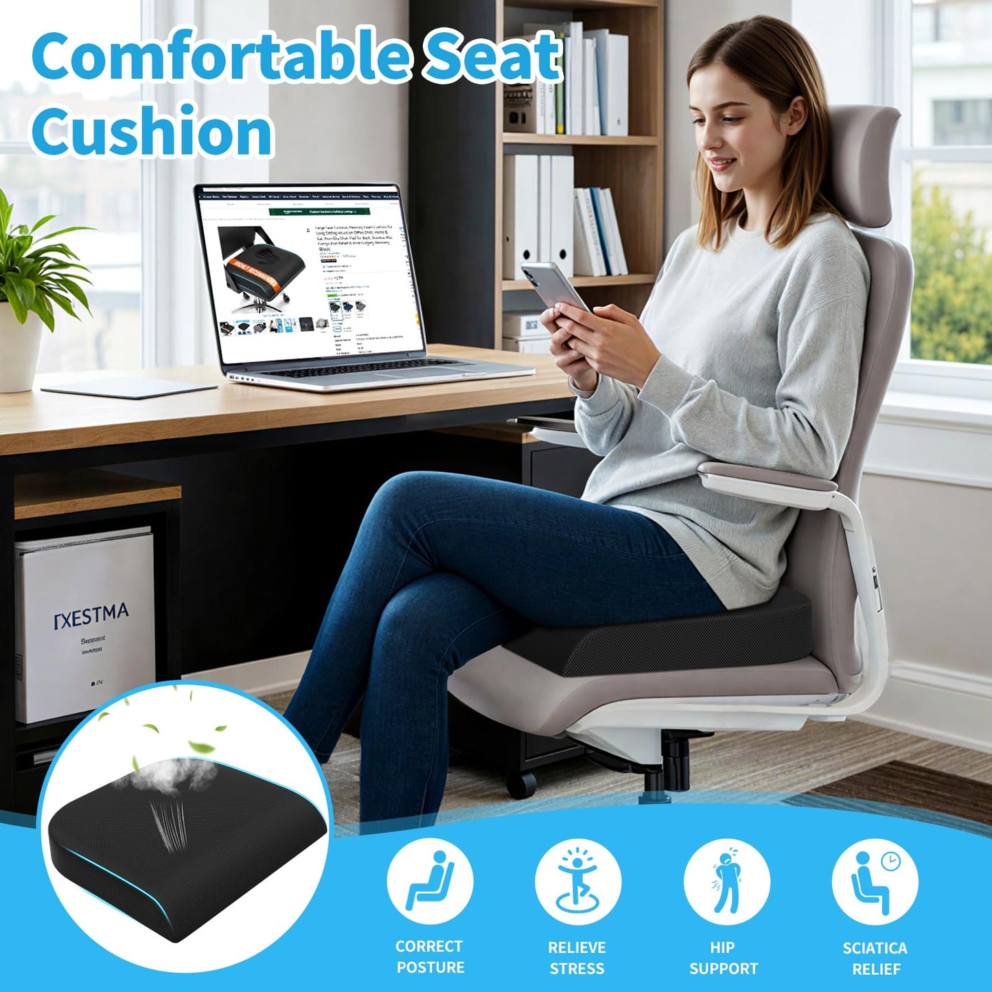 TranquilRelax Large Seat Cushion, Memory Foam Cushion for Long Sitting Hours on Office Chair, Car Seat, Non-Slip Chair Pad for Sciatica, Coccyx, Tailbone Pain Relief & Post-Surgery Recovery (Black)