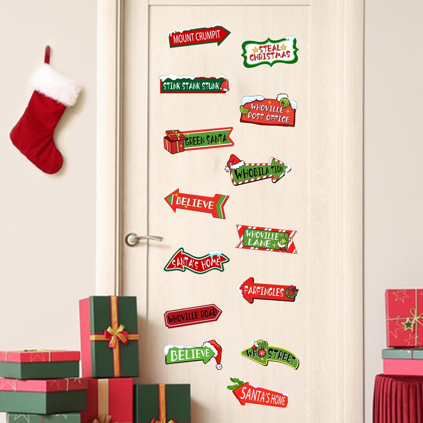 Mfault Christmas Whoville Wall Decals Stickers, Funny Xmas Red Green Road Signs Decorations Bedroom Art, Winter Holiday Gifts Home Kitchen Living Room Decor