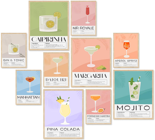 KBKBART Vintage Cocktail Poster Set of 10, Retro Bar Cart Accessories, Colorful Cocktail Wall Art, Funky Drink Aesthetic Pictures for Bar Cart Decor, Preppy Bar Art Prints for College Dorm Apartment - Unframed