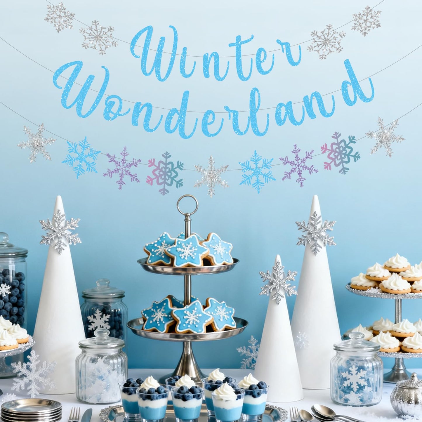 Pre-Strung Winter Wonderland Banner Glitter Snowflake Garland Christmas Decoration Banner for Home Wall Mantle Decor Winter Holiday New Year Party Supplies (Blue)