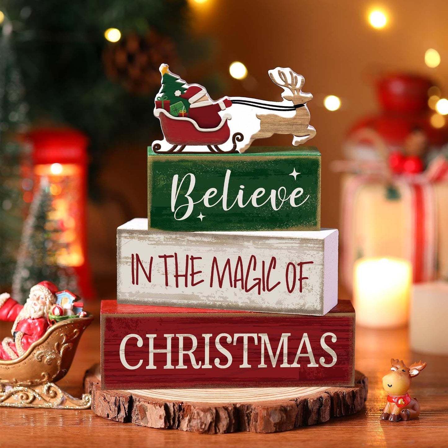 Lineshading 4 Pcs Christmas Table Decoration Wooden Santa Claus Decor Christmas Tiered Tray Decor Decorative Santa Claus Elk Block Sign Gift Farmhouse Xmas Table Centerpiece for Home Kitchen Shelf