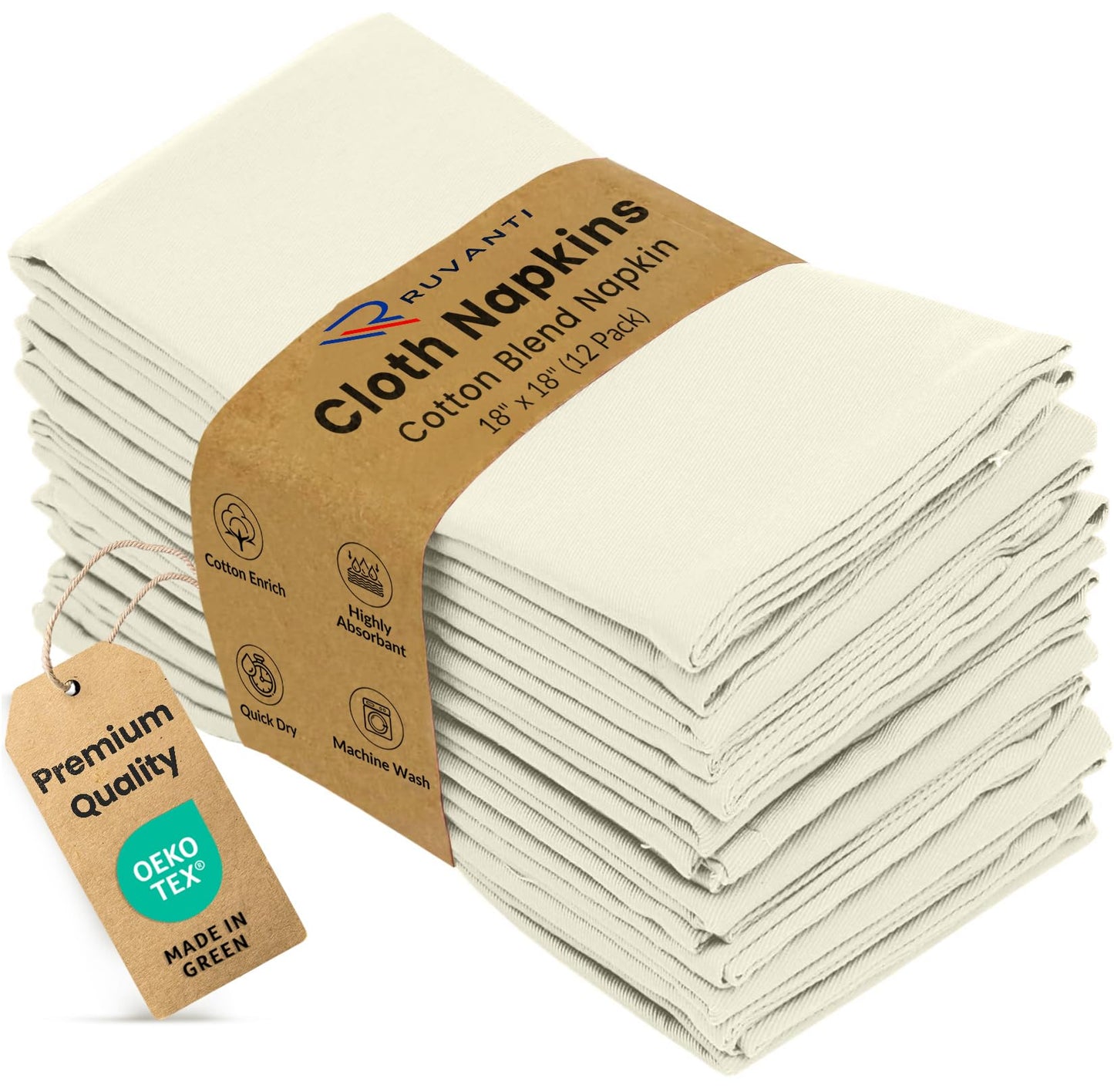 Ruvanti Cloth Napkins Set of 12, 18x18 Inches Napkins Cloth Washable, Soft, Durable, Absorbent, Cotton Blend. Table Dinner Napkins Cloth for Hotel, Lunch, Restaurants, Wedding Parties - Ivory/Cream
