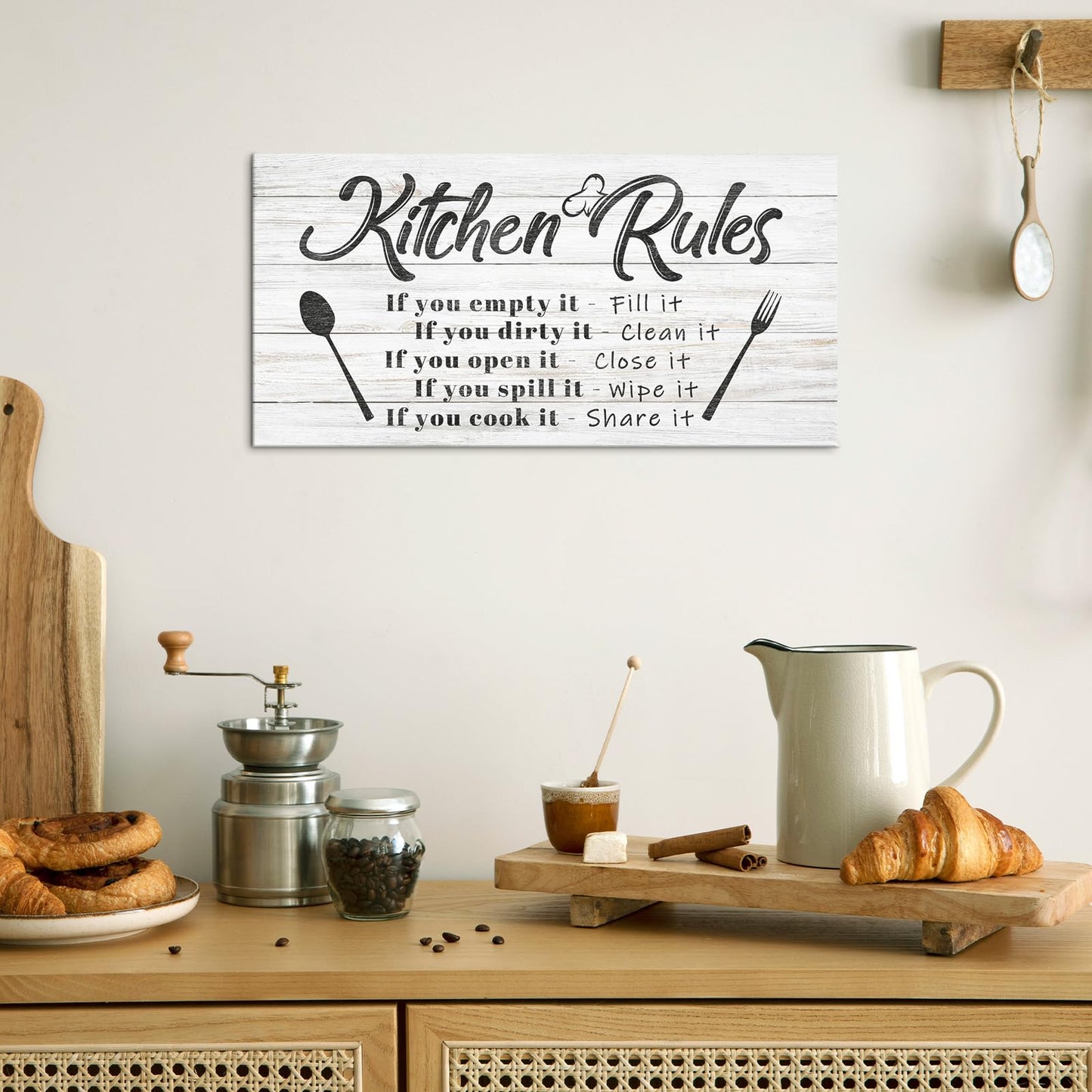 Pinetree Art Kitchen Rules Wall Decor Funny Inspirational Quote Canvas Print Art Modern Rustic Farmhouse Kitchen Decorative (8X16 Inch, W)