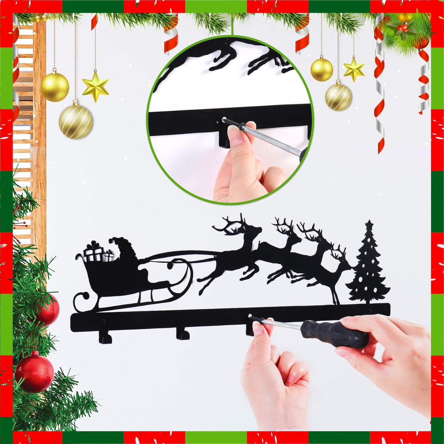 POILKMNI Christmas Stocking Holder, Metal Hanging Sign with 5 Hangers for Fireplace Mantel, 17 Inch, Black