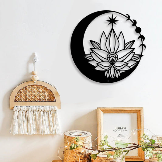 DUOOLN Moon Metal Floral Art Decor, 11" Black Boho Floral Star Phase Wall Sign, Half Moon Flower Sculpture Hanging Wall Decor for Bedroom Living Room Home Wall Decoration