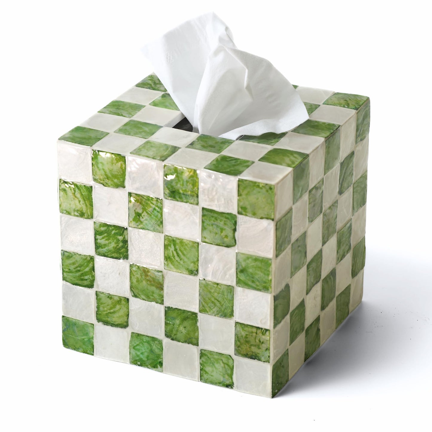 CHI AN HOME 5.7" Square Tissue Box Cover, Handmade Checkered Cube Tissue Box Cover with Capiz Shells, Decorative Tissue Holder for Living Room, Bathroom, Bedroom or Office (Pistachio Green)