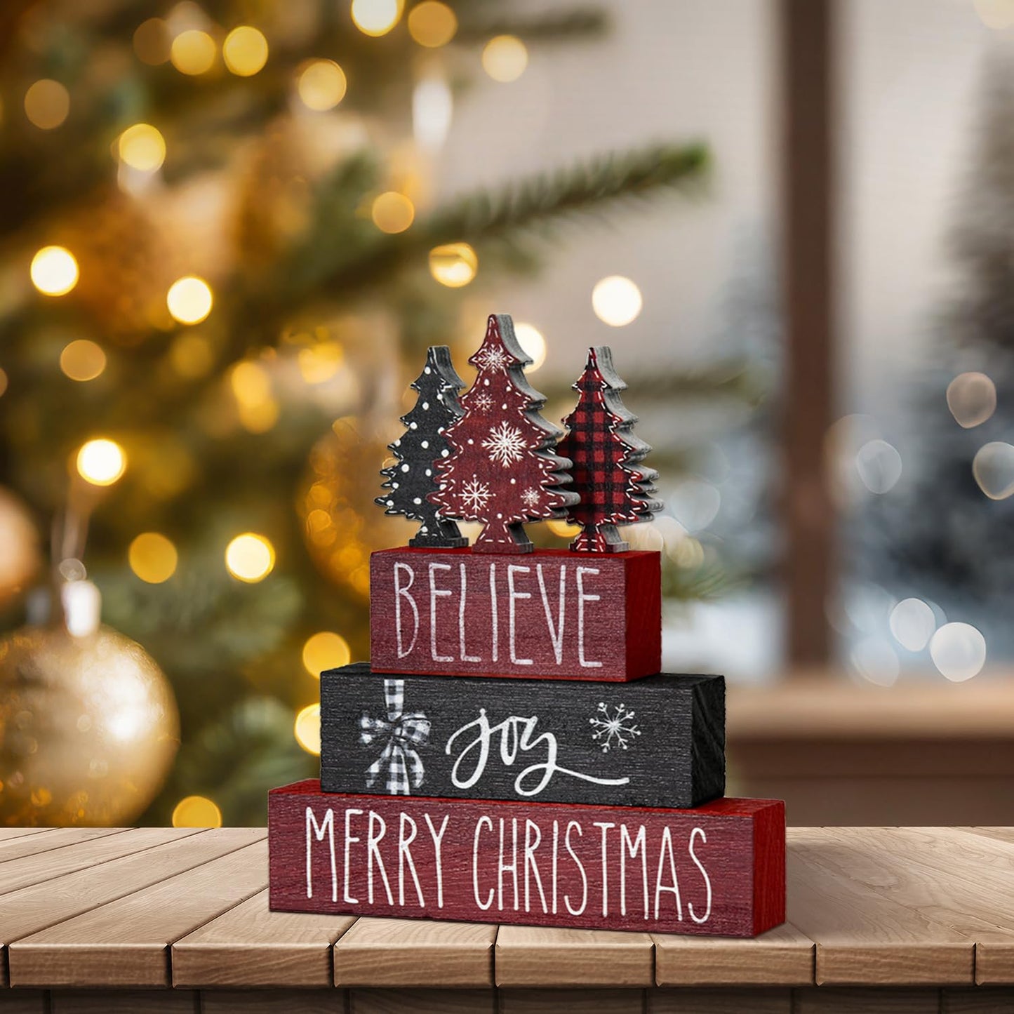 Smile 4 Pcs Merry Christmas Signs, Wooden Tabletop Decor, Believe Joy Xmas Trees, Ornaments for Home Shelf Mantel Fireplace.