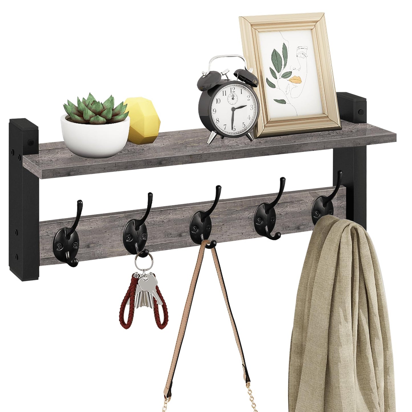 Homode Wall Hooks with Shelf, Coat Rack Wall Mount, Entryway Shelf with Hooks for Clothes, Backpack, Key, Purse - Rustic Grey