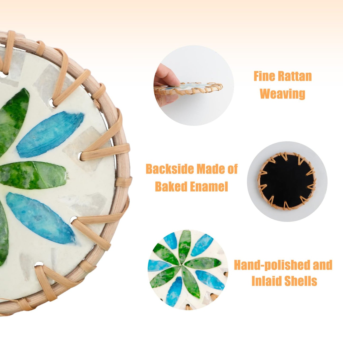 HAIJSEVR Coasters Set of 6, Boho Rattan and Mother of Pearl Unique Drink Coasters for Coffee Table, Ideas Handmade Aesthetic Home Wall Decor House Warming Gift for New Home