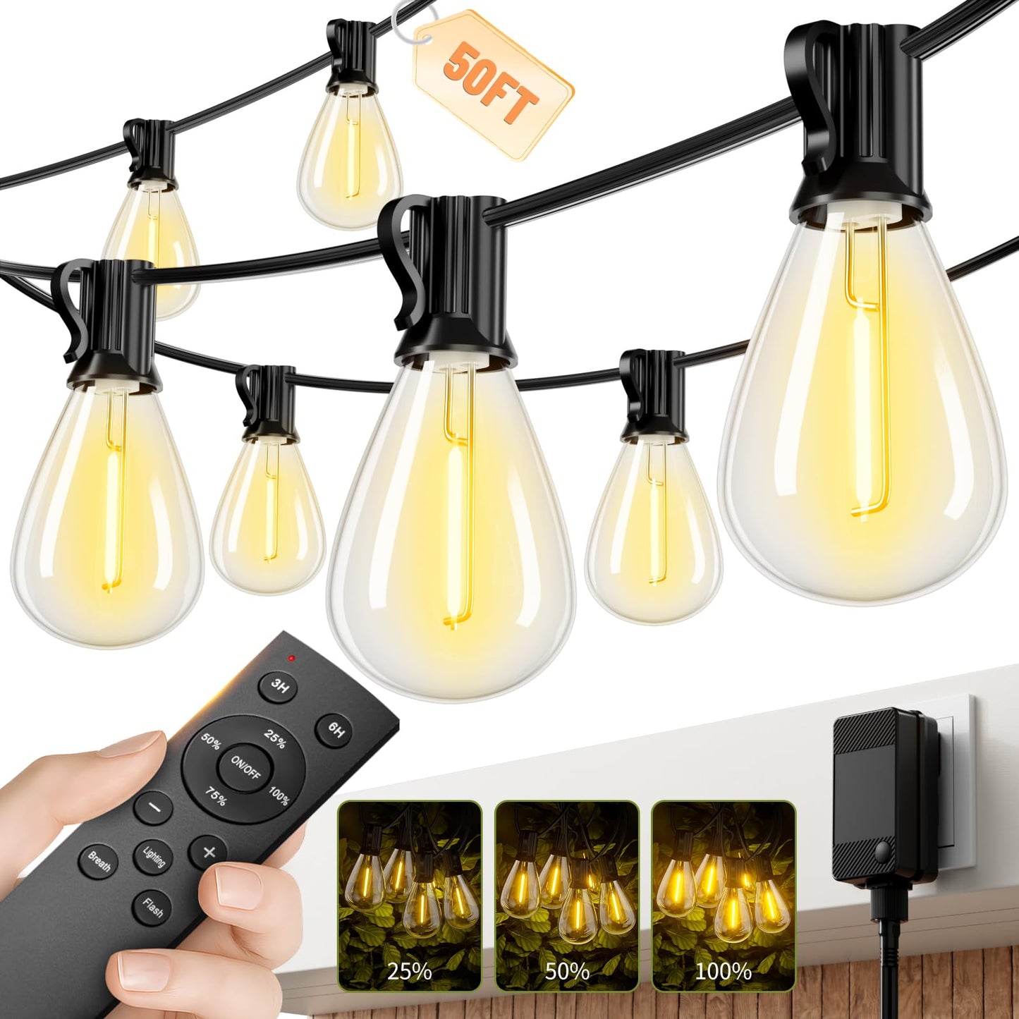 Sikitul Outdoor String Lights 50FT with 18+1 Shatterproof LED Bulbs, Remote Control Dimmable Patio Lights, Waterproof Hanging Edison Light for Backyard Garden Pergola, Timer & 3 Modes