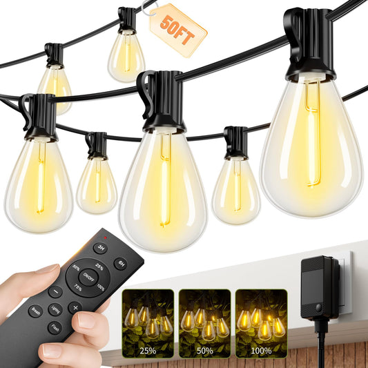 Sikitul Outdoor String Lights 50FT with 18+1 Shatterproof LED Bulbs, Remote Control Dimmable Patio Lights, Waterproof Hanging Edison Light for Backyard Garden Pergola, Timer & 3 Modes