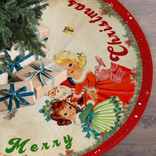 Vintage Christmas Tree Skirt Christmas Decorations - Red Vintage Style Xmas Tree Skirt Mat with Santa Claus Girls Snowflake Pattern for Indoor Outdoor Merry Christmas Holiday Party Decor 48 Inches