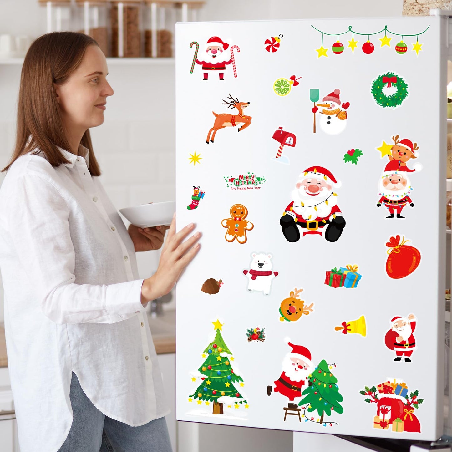 Christmas Wall Decals 124 Pieces Merry Christmas Wall Stickers Santa Snowman Winter Snowflakes Xmas Candy Stickers for Wall Window Door Bedroom Garage Home Office Decor