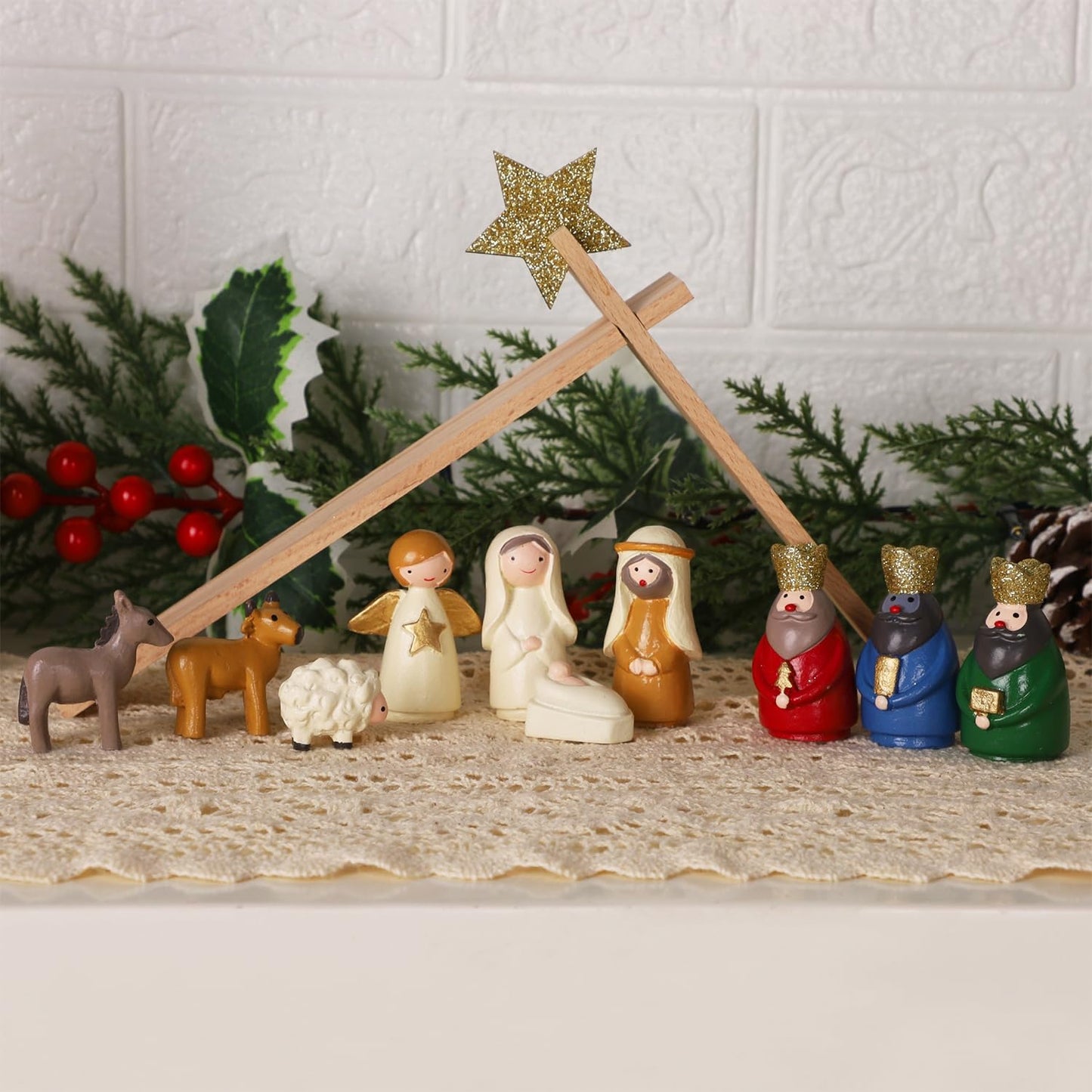 Juegoal Christmas Nativity Sets, Set of 11 Mini Nativity Scene Resin Figurines, Xmas Holy Family Cute Table Ornaments, Religious Holiday Collection Gifts, Baby Jesus Nativity Mantle Shelf Decor