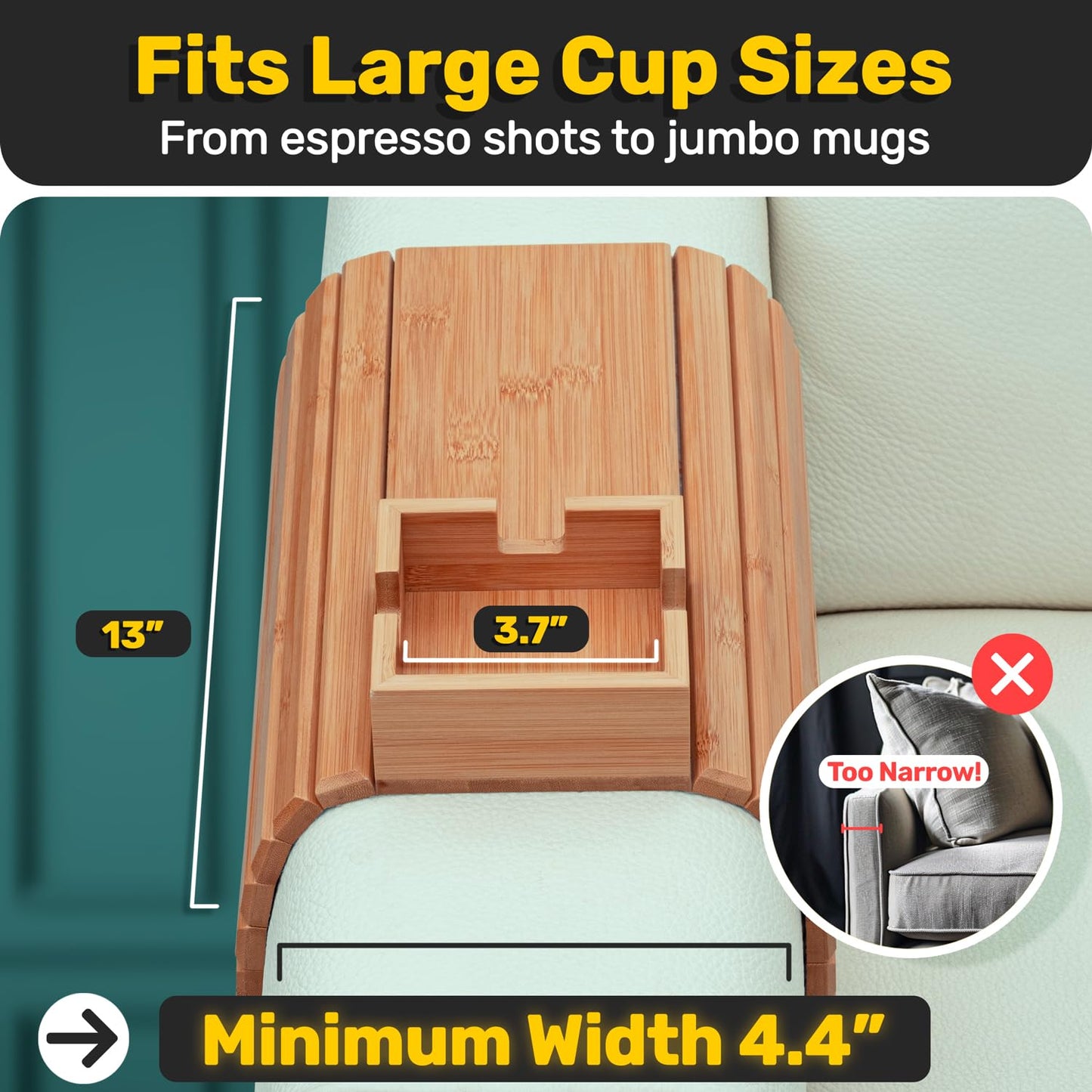 FUN FOREST Bamboo Couch Holder - Non-Slip Furniture Protector, Sofa Armrest Table for Mugs & Tumblers – Weighted 16” Large Natural Bamboo Holder for Recliners and Loveseats