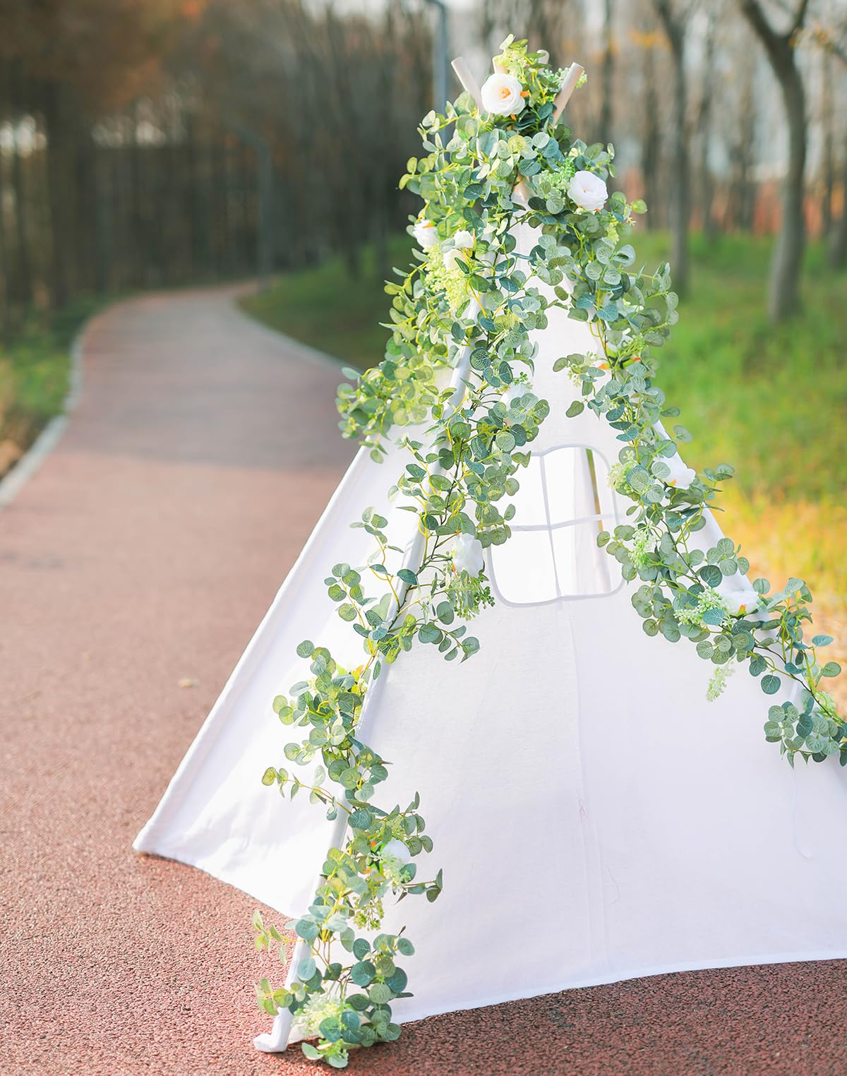 PARTY JOY 6.56ft Eucalyptus Garland with Flowers-8 White Roses, Artificial Fake Flowers Greenery Garland Floral Vines for Decoration Party Wedding Table Indoor Outdoor Backdrop Wall Decor(White)