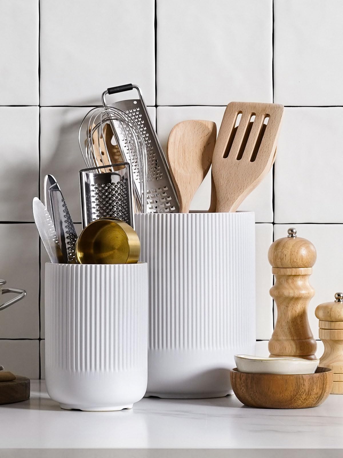 LE TAUCI Utensil Holder for Kitchen Counter, 7.3"+5.4" Fluted Ceramic Utensil Crock Organizer for Countertop, Heavy Large Holder for Spatulas, Spoons, Set of 2, White, Kitchen Counter Decor