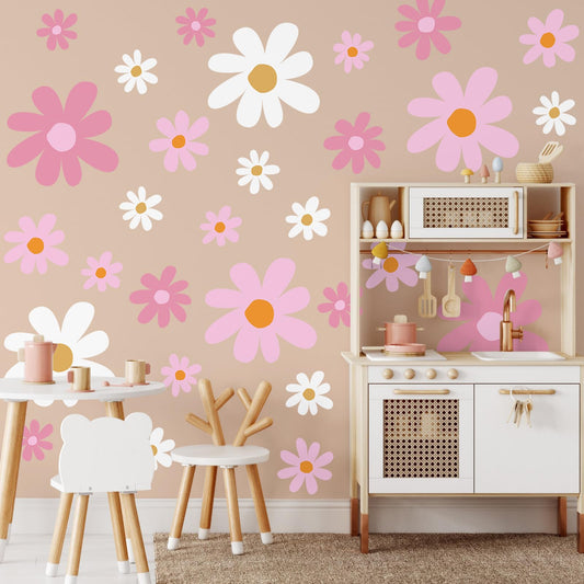 TaoBary 12 Sheet Daisy Wall Sticker Decal Removable Cute Daisy Bedroom Room Decor Flower Wall Sticker Pink White Flower Decal Wallpaper Peel and Stick for Nursery Home(Pink Color,Vibrant Style)