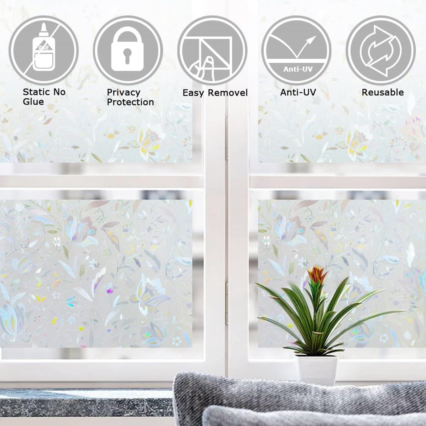 LEMON CLOUD Window Film, Decorative Window Privacy Film, 3D Stained Glass Window Sticker,Anti-UV Sun Blocker Heat Control for Home(Rainbow Tulip Design,17.5 x 78.7 inches)