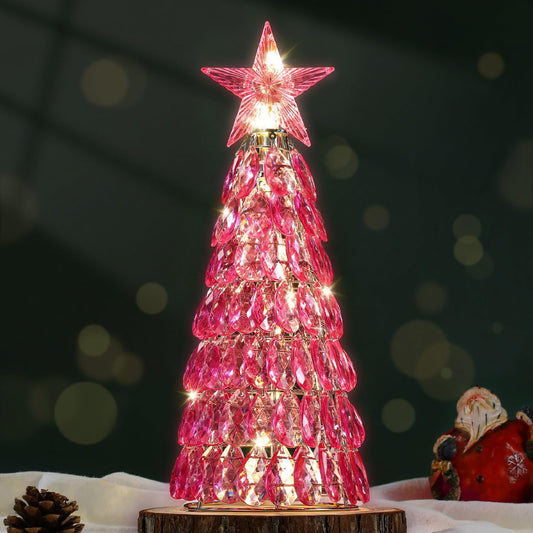 Lewondr Christmas Tree Lamp, 12 Inch Battery Powered Crystal Tabletop Lighted Christmas Decorative Light LED Lamp, Luxury Handmade Glittering Xmas Tree Table Decoration for Home Party Gift, Pink