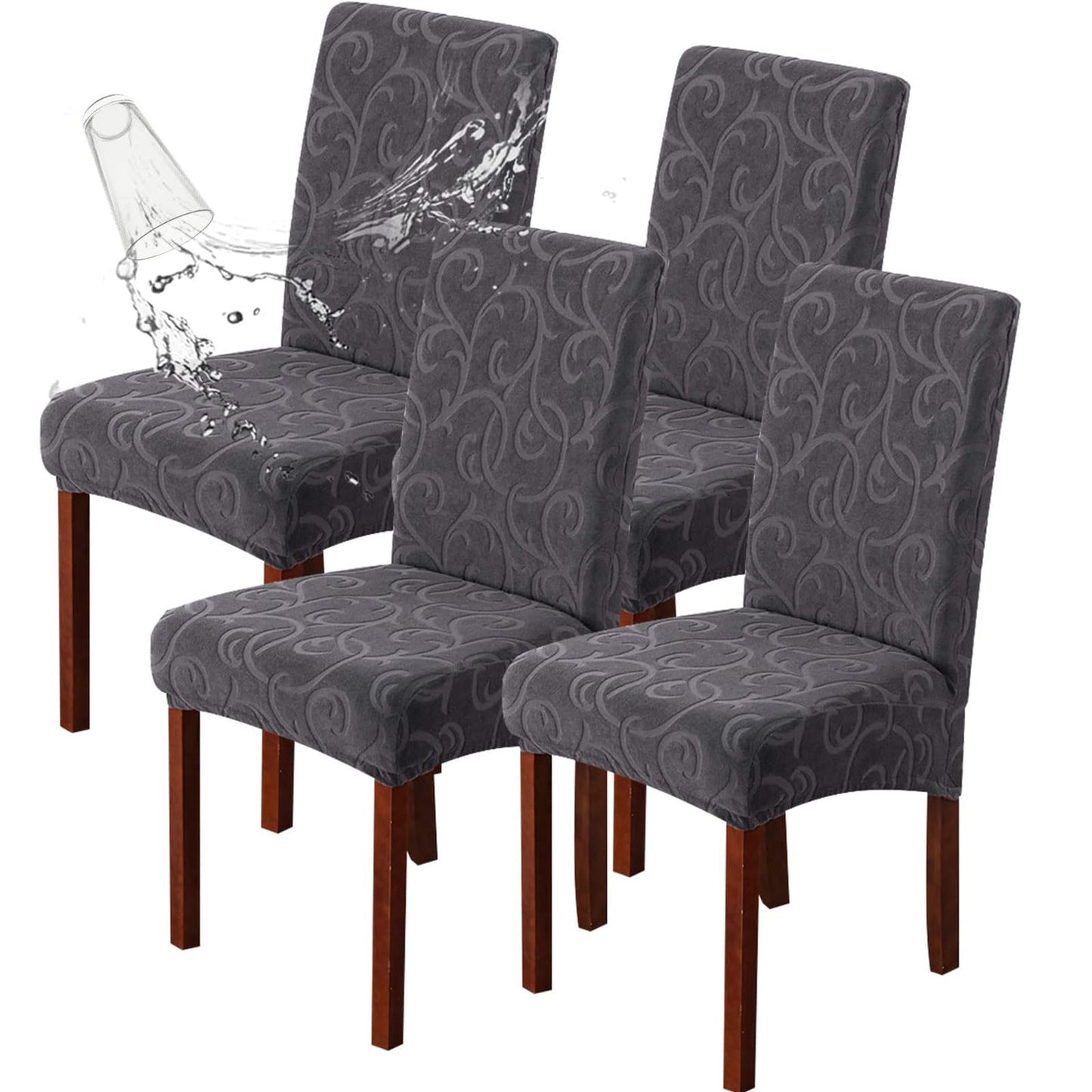 Genina Waterproof Dining Room Chair Covers Stretch Parsons Chair Slipcovers for Dining Room Kitchen Chair Protector Cover, Removable, Washable (4, Flower Pattern-Dark Gray)