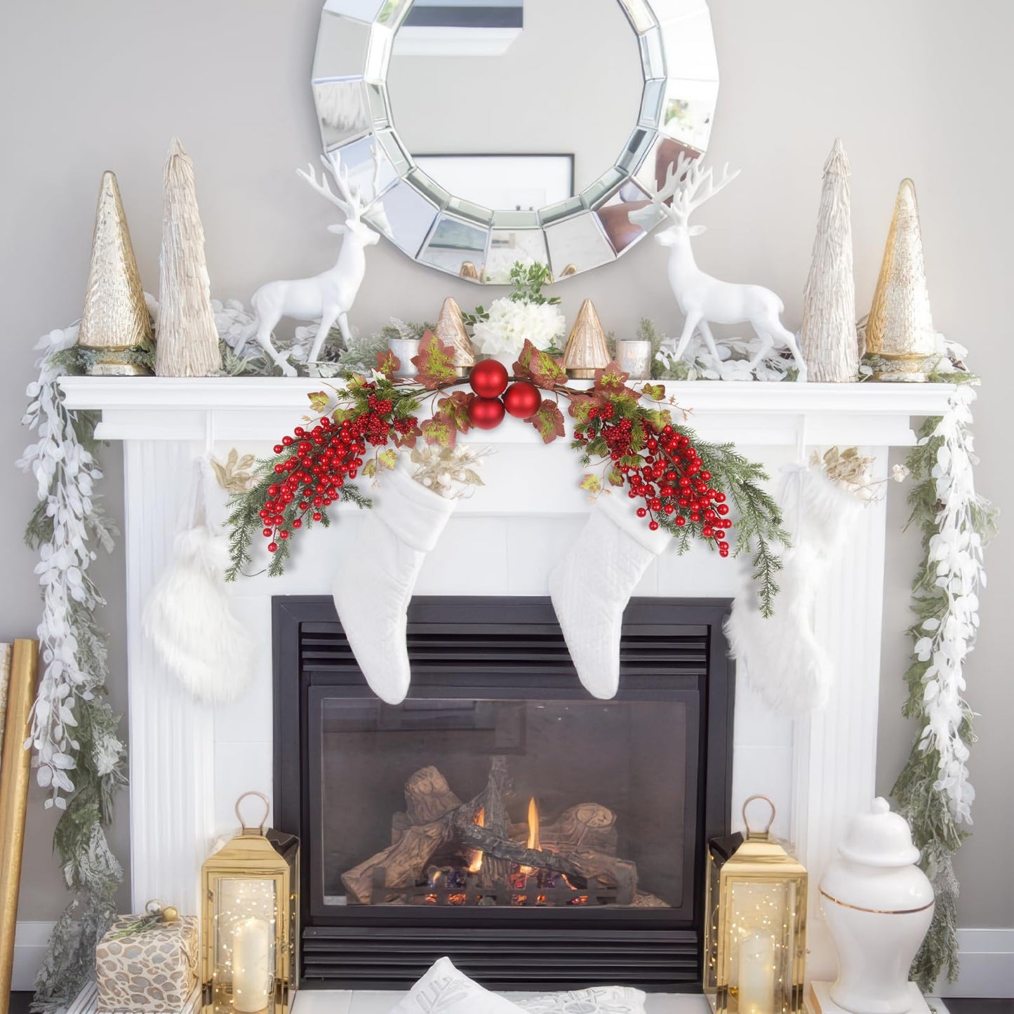 GhuaH Christmas Swag for Front Door 49" Artificial Door Swag Xmas Decorative with Red Berries Xmas Balls Christmas Swags for Stair Fireplace Mantle Mailbox Window Holiday Decor