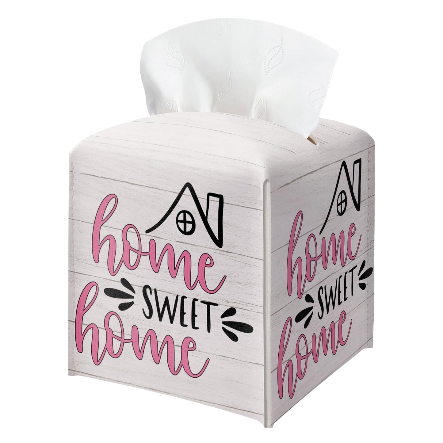 Home Sweet Home Tissue Box Cover, PU Leather Tissue Box Holder Square with Bottom Belt, Facial Paper Organizer Dispenser Toilet Paper Holder for Bathroom Kitchen Office Decor-A22