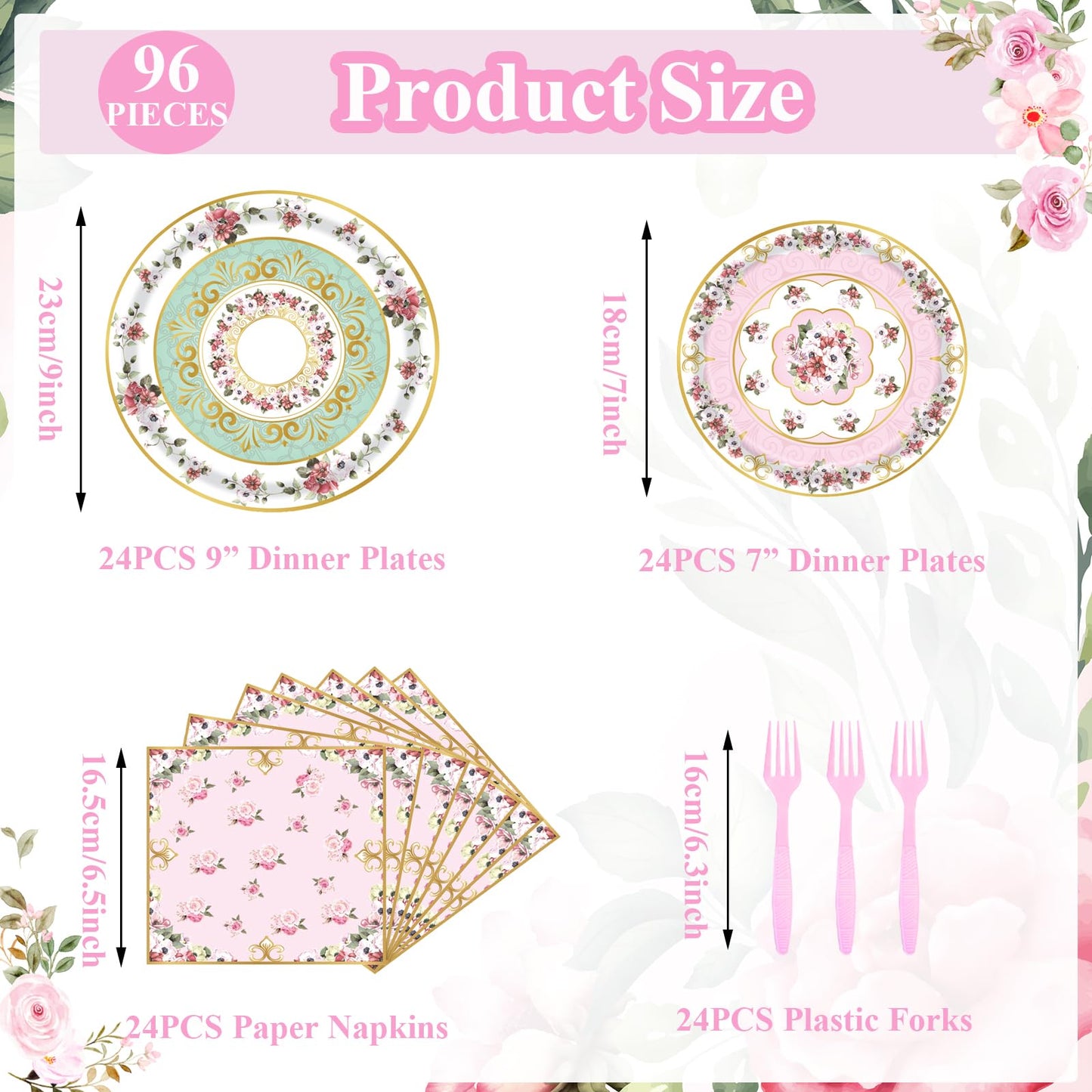Fyeoxle 96pcs Floral Party Supplies Flower Paper Plates and Napkins Tableware Set for 24 Guest Floral Party Disposable Paper Dinner Plates Napkins Forks for Birthday Bridal Shower Tea Party Supplies