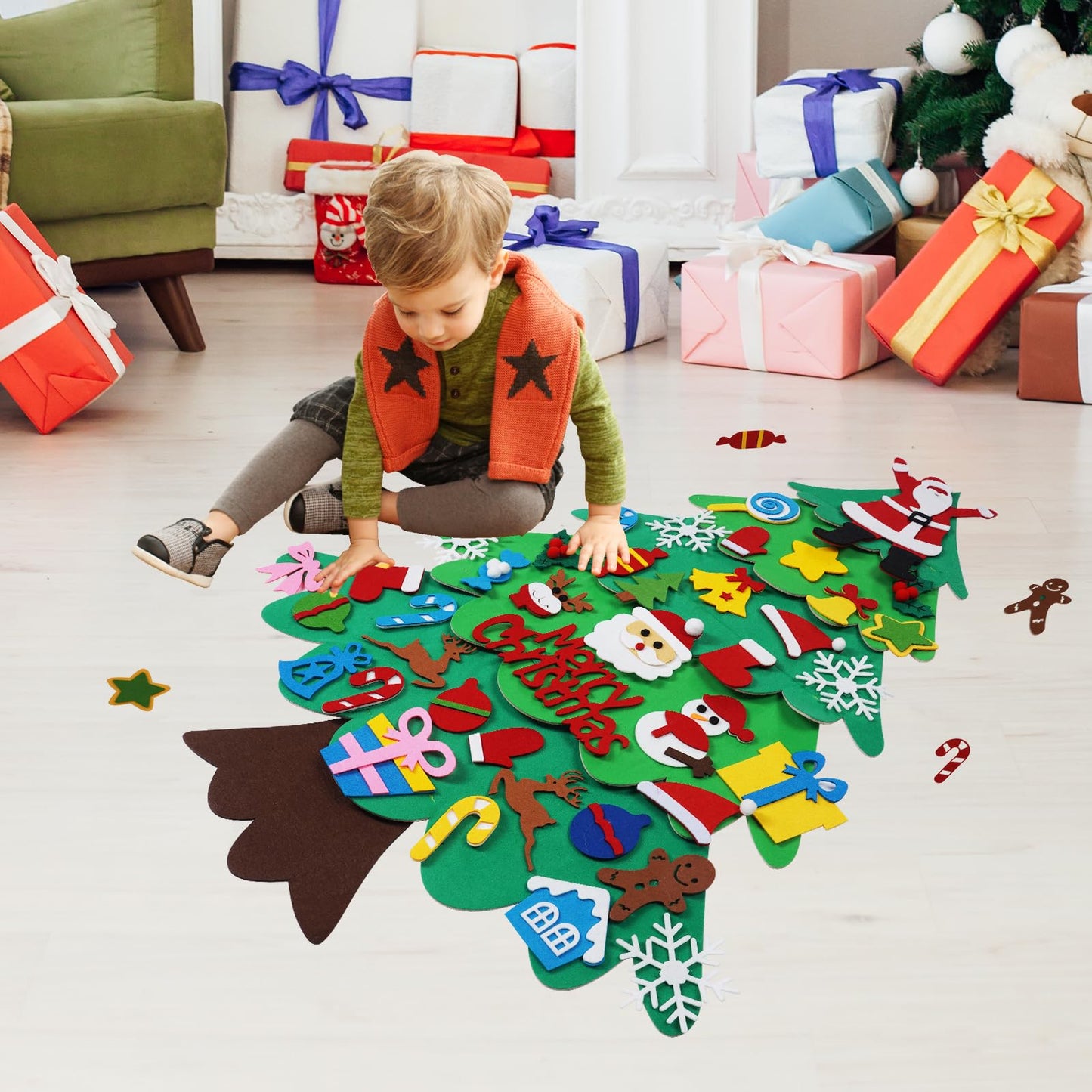 Srkmxzr Felt Christmas Tree for Toddlers, Felt Christmas Tree with Lights, 38Pcs DIY 3D Wall Hanging Christmas Trees for Toddler Baby Kid Child, Felt Craft Kits for Xmas Party Decor Gift